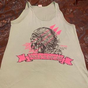 Well worn comfy mint green Chaotique tank with Indian chief.